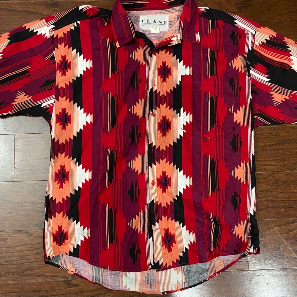 Vintage 1980s Frank Aztec Print Button Down Western Short Sleeve Shirt  Sz L